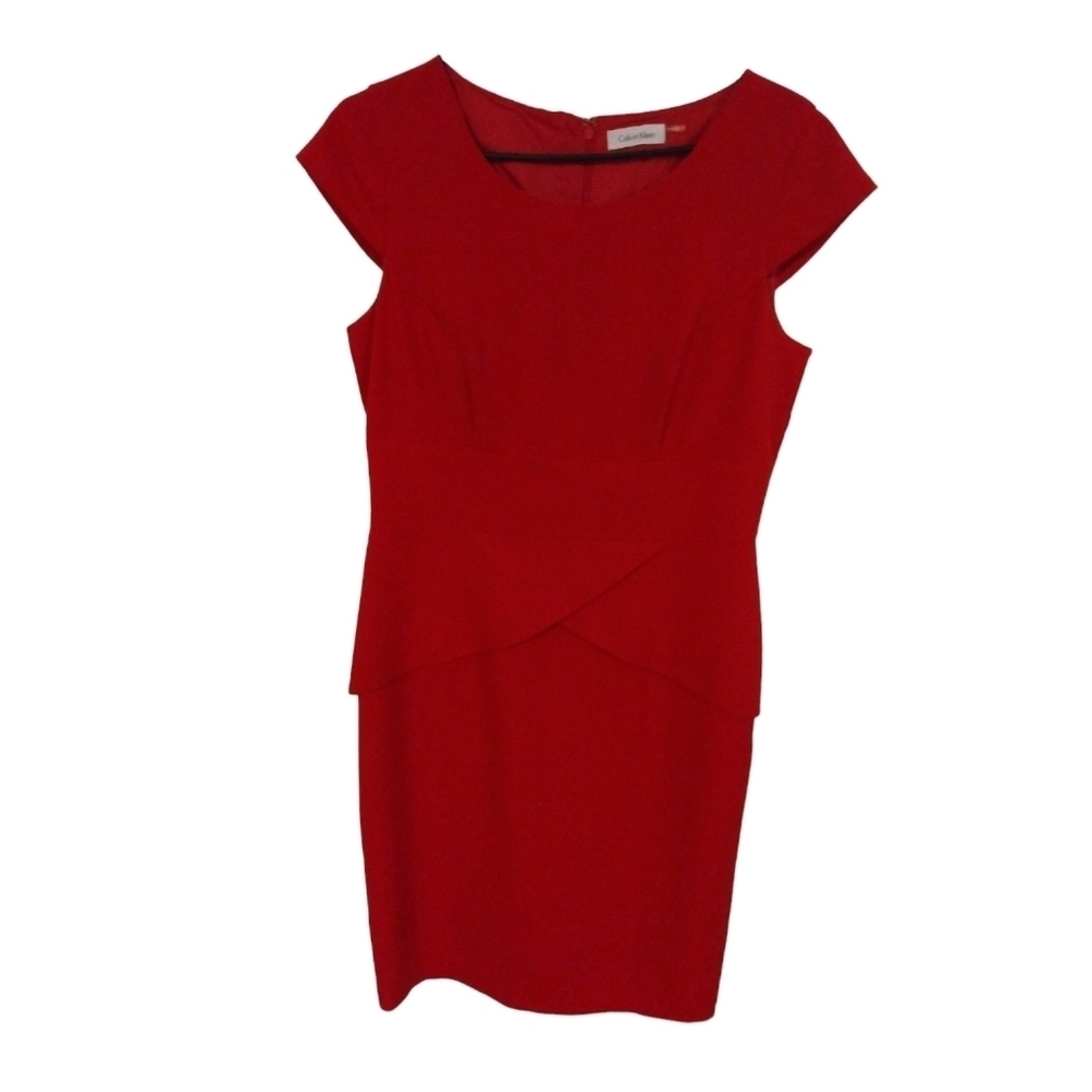 Vibrant Red Sheath Dress Calvin Klein Cap Slve. Scalloped Mid Sec.  Valentine 8